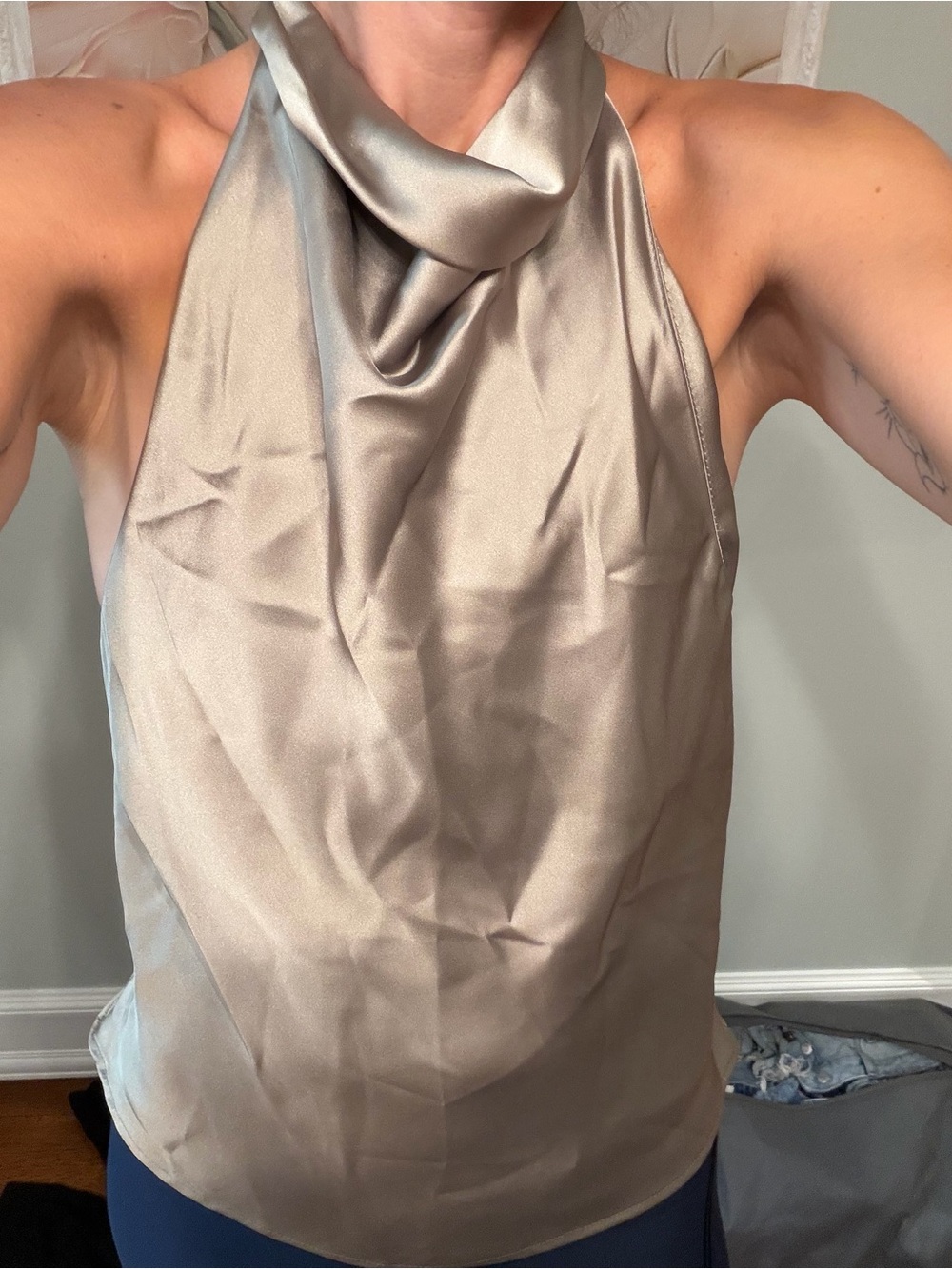 ZARA Satin Slip Halter in Shimmery Olive SMALL